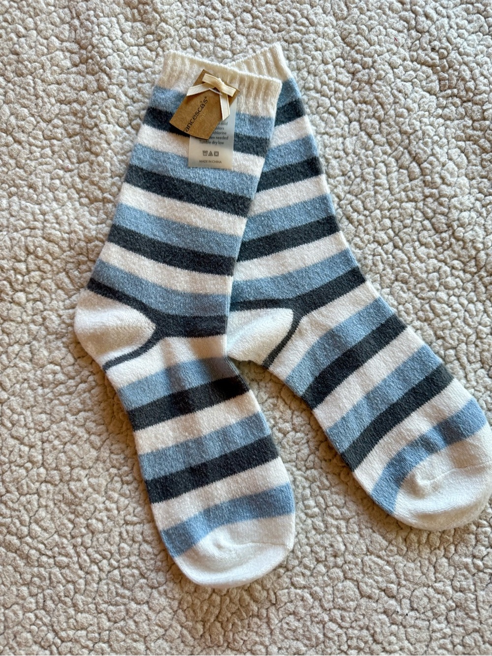 Francesca’s Blue Gray Striped Fuzzy Crew Socks One Size NWT